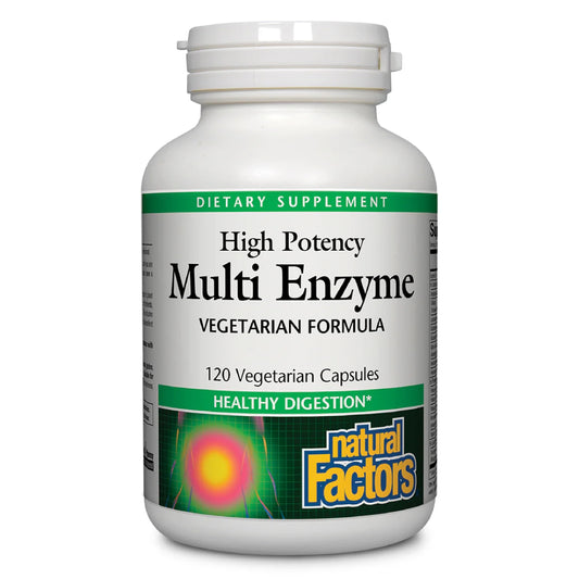 Natural Factors High Potency Multi Enzyme vegetarian bottle supports full-spectrum digestion.