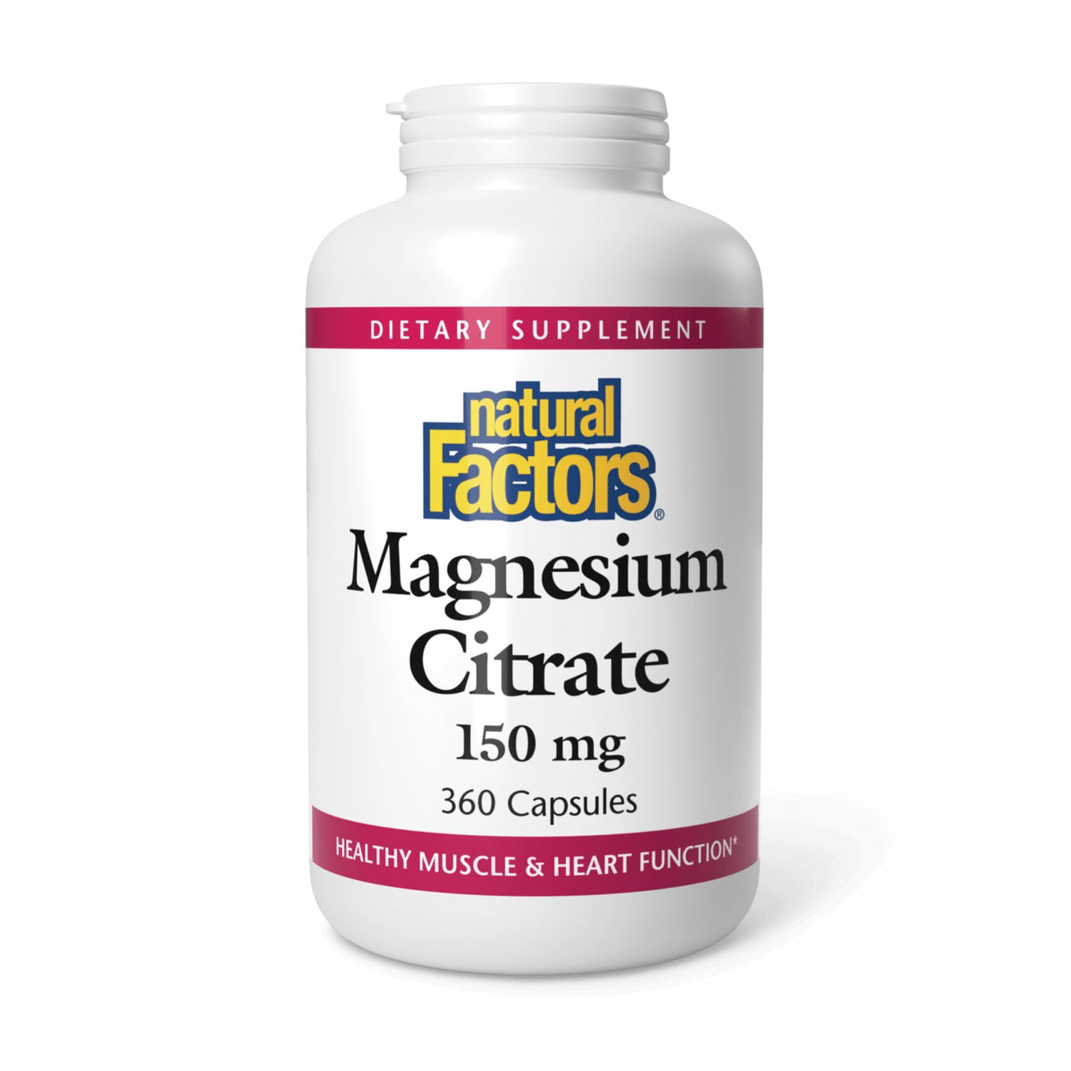Natural Factors Magnesium Citrate 360 capsules bottle supports daily muscle and heart health.