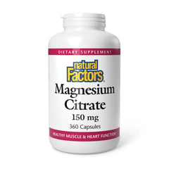 Natural Factors Magnesium Citrate 360 capsules bottle supports daily muscle and heart health.