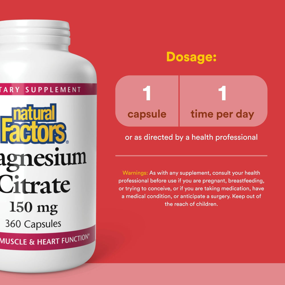 Natural Factors Magnesium Citrate bottle label with ingredients and purity notes.