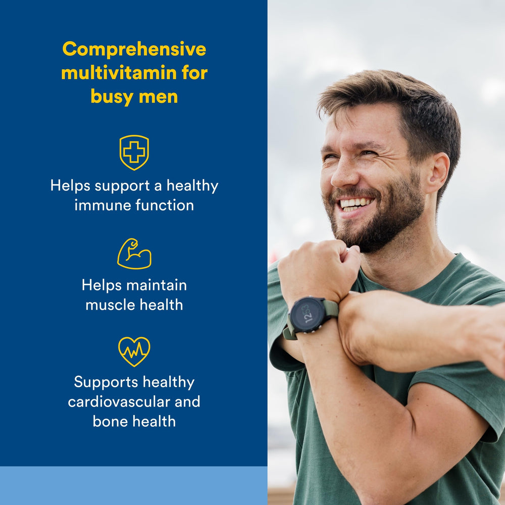 Natural Factors Men's Multivitamin tablets close-up highlighting daily dosage.