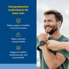 Natural Factors Men's Multivitamin tablets close-up highlighting daily dosage.