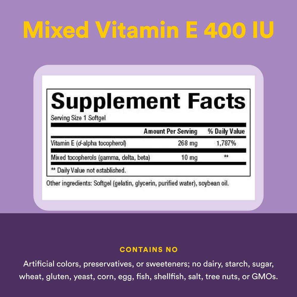 Natural Factors Mixed Vitamin E 400 IU label detail confirms organic, non-GMO origins