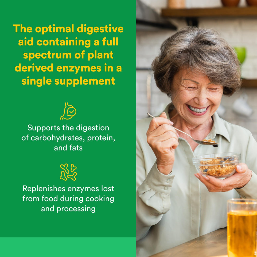 Natural Factors Multi Enzyme capsules pour demonstrates easy use with meals for better absorption.
