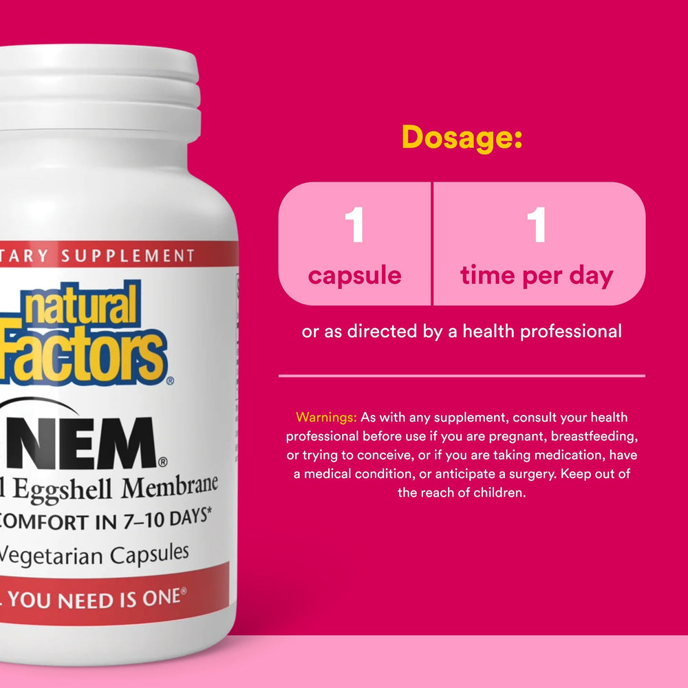 Natural Factors NEM label view highlighting eggshell membrane source