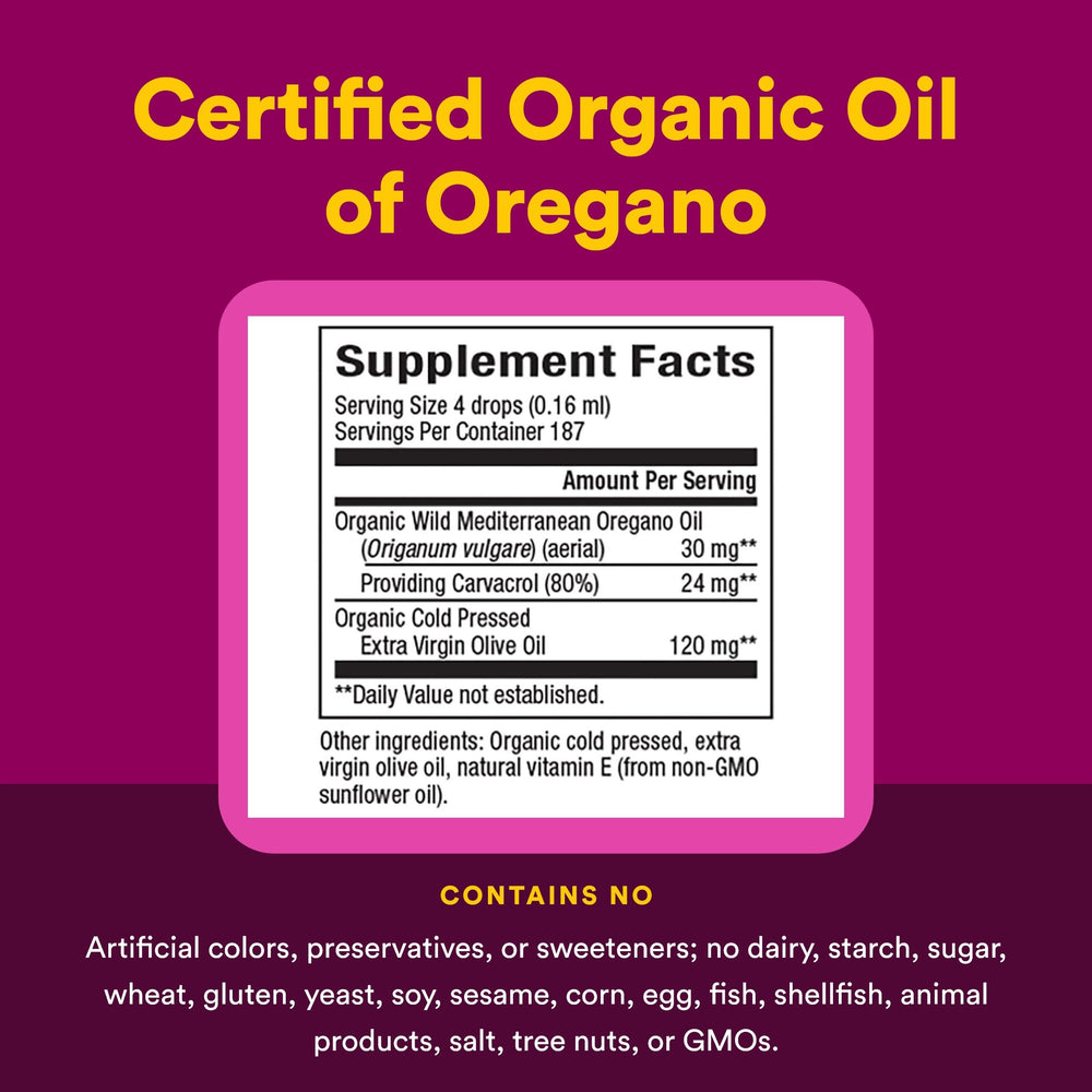 Natural Factors Oil of Oregano label shows gluten-free and non-GMO.