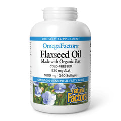 Natural Factors OmegaFactors flaxseed oil bottle shows high ALA omega-3 content