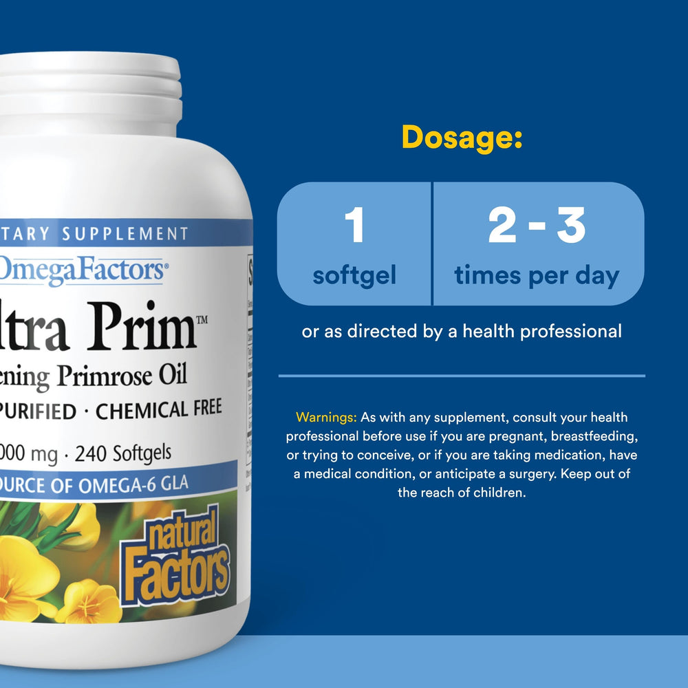 Natural Factors Primrose softgels ready for daily intake to support balance.