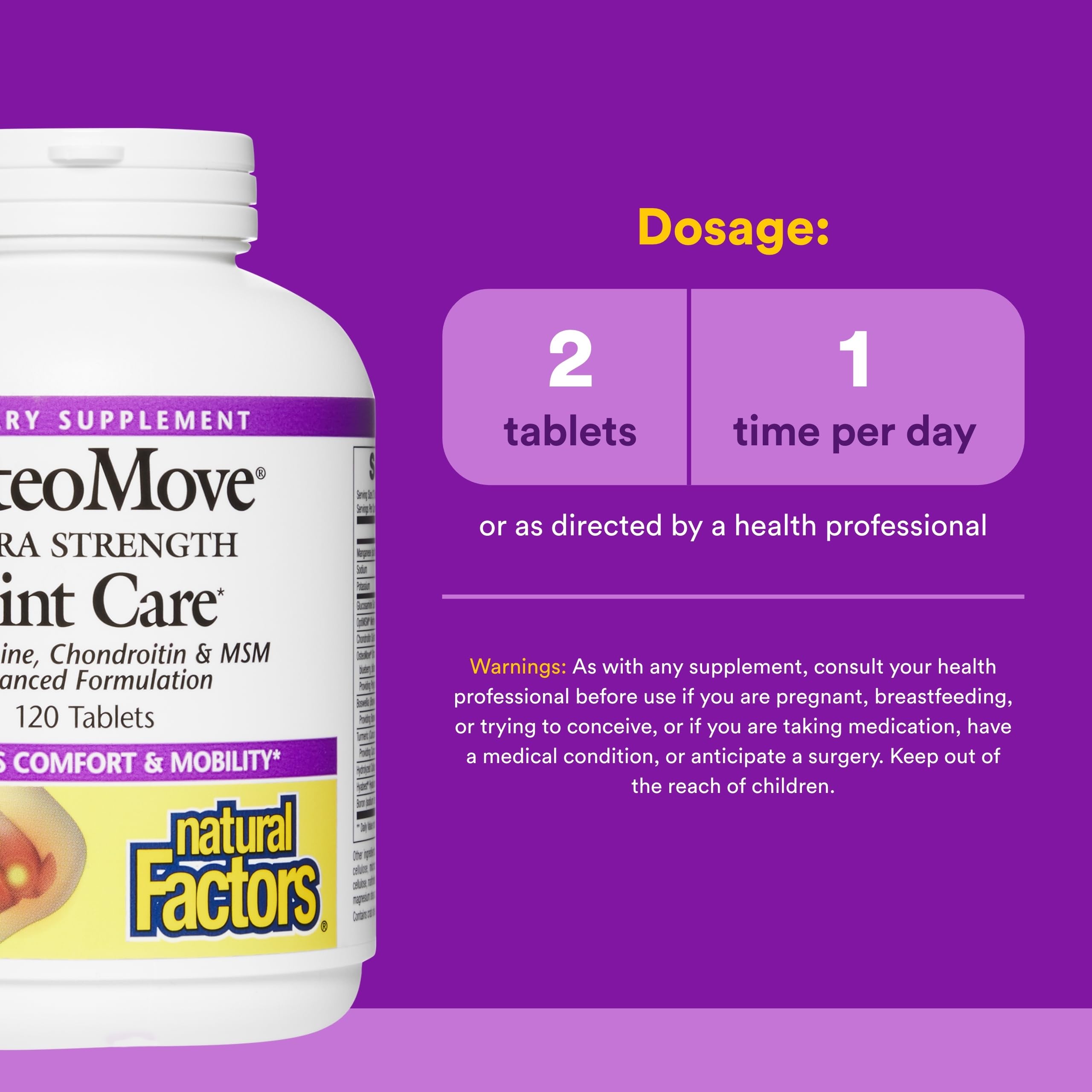 Natural Factors OsteoMove bottle label highlights non-GMO and dairy-free attributes for sensitive users.