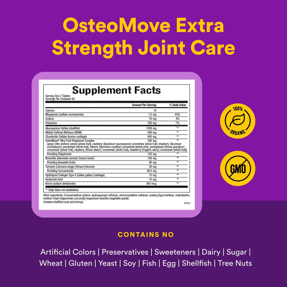 Natural Factors OsteoMove tablets with glucosamine and chondroitin support a potential joint structure.