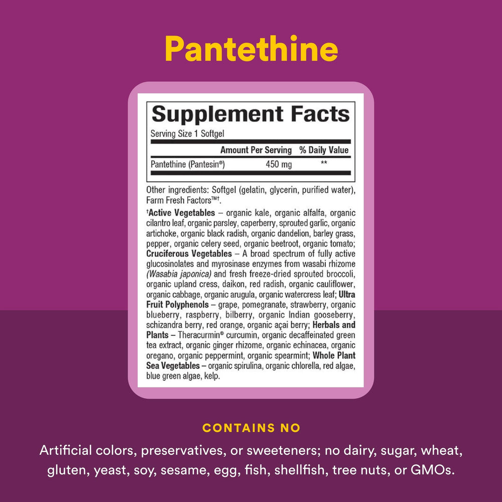 Pantethine softgels packaging emphasizing dairy-free and sugar-free features