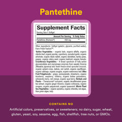 Pantethine softgels packaging emphasizing dairy-free and sugar-free features
