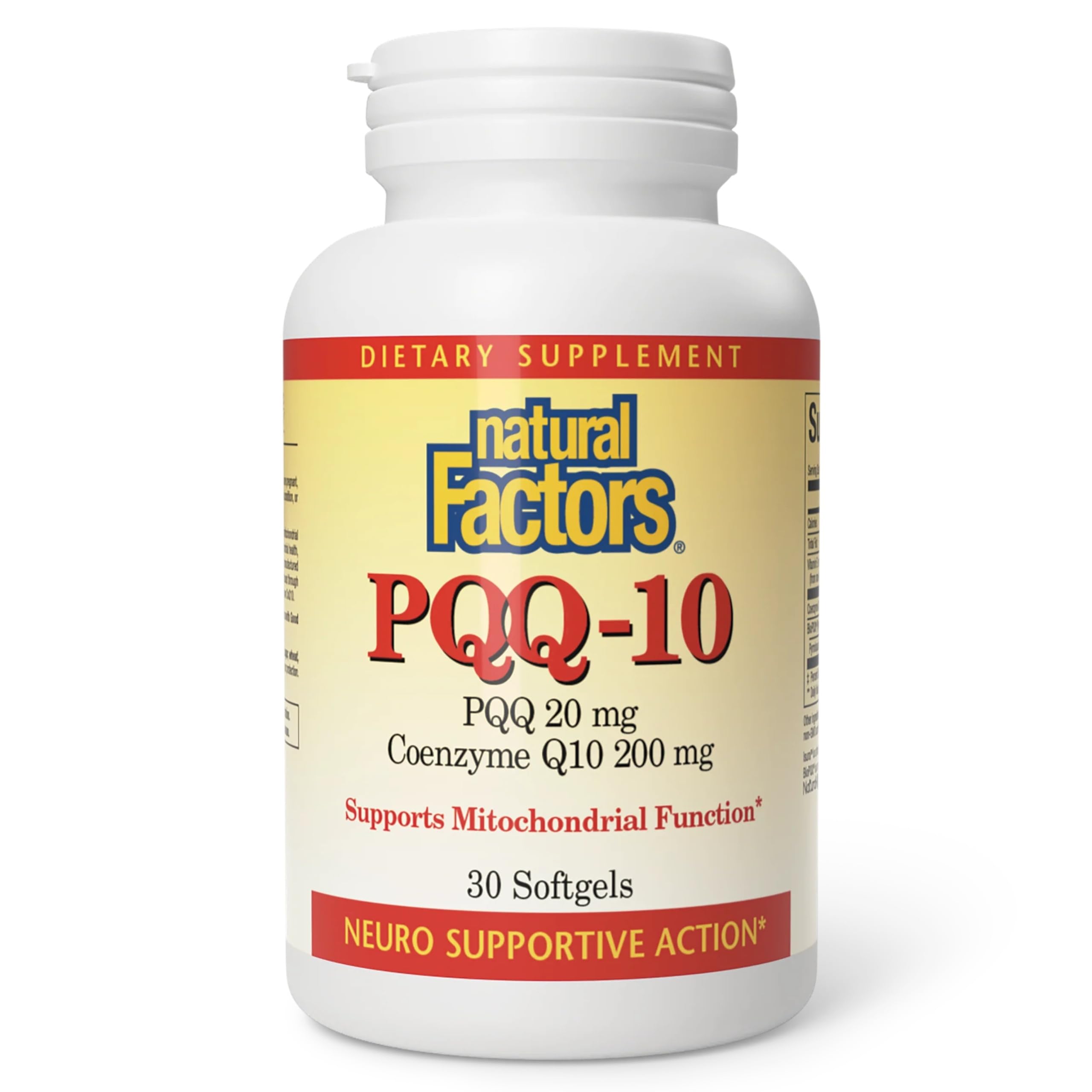 Natural Factors PQQ-10 bottle with label highlighting antioxidant support.