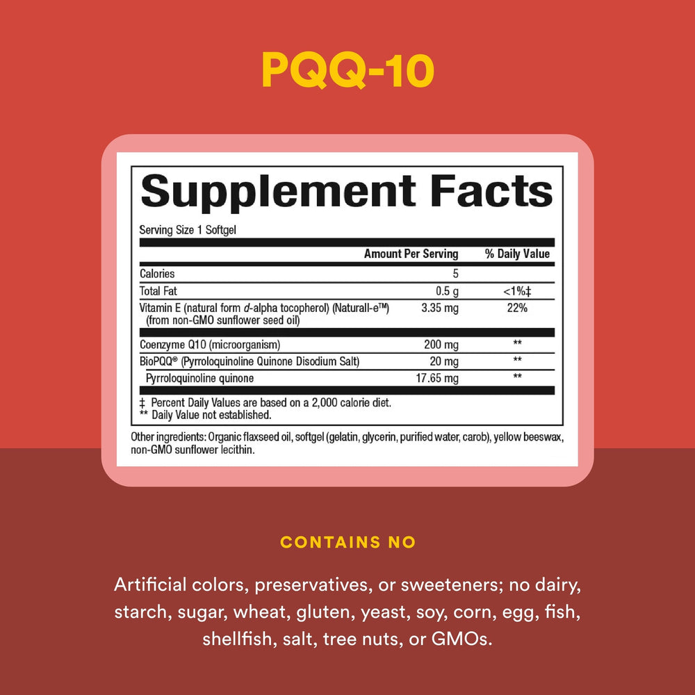 Natural Factors PQQ-10 heart and memory support visuals on label.