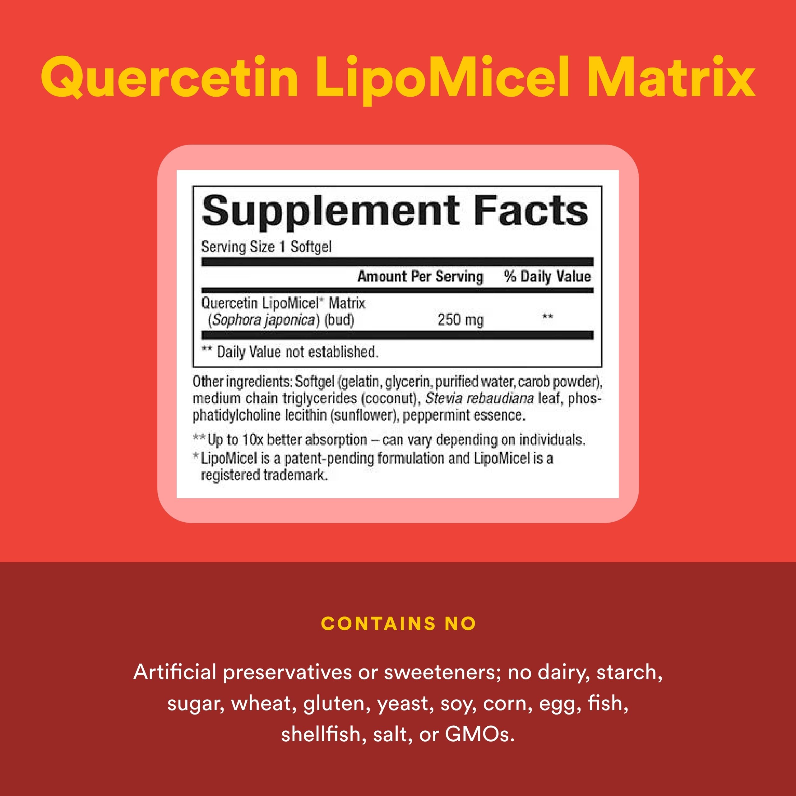 Natural Factors quercetin bottle label highlighting purity and ingredients.