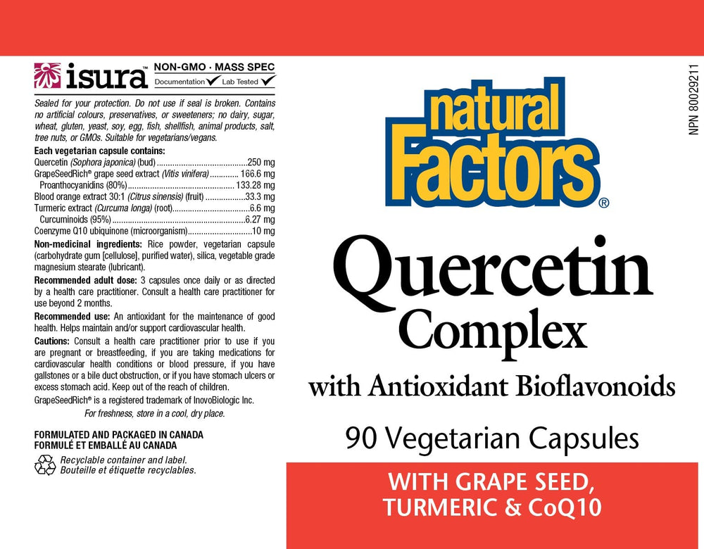 Close-up of Natural Factors Quercetin Complex label highlighting the bioflavonoid blend.