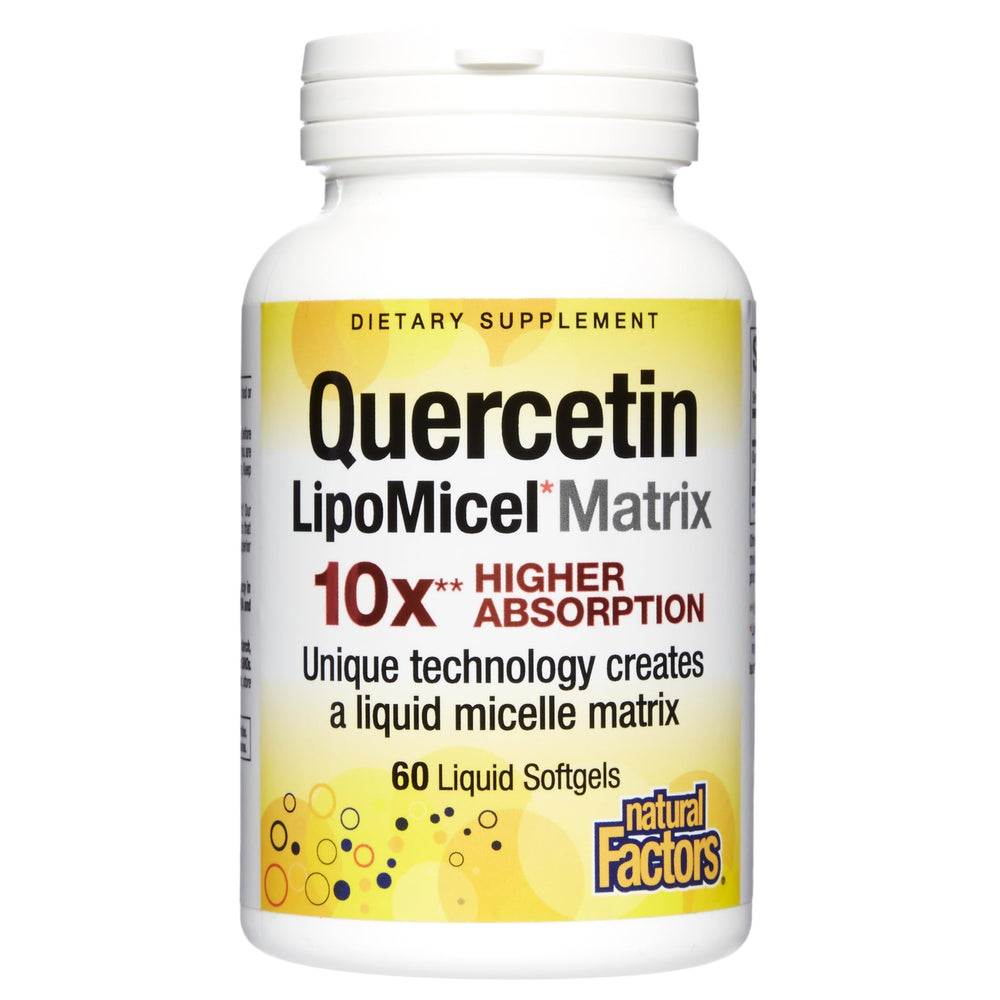Natural Factors quercetin lipomicel softgel bottle for enhanced absorption.