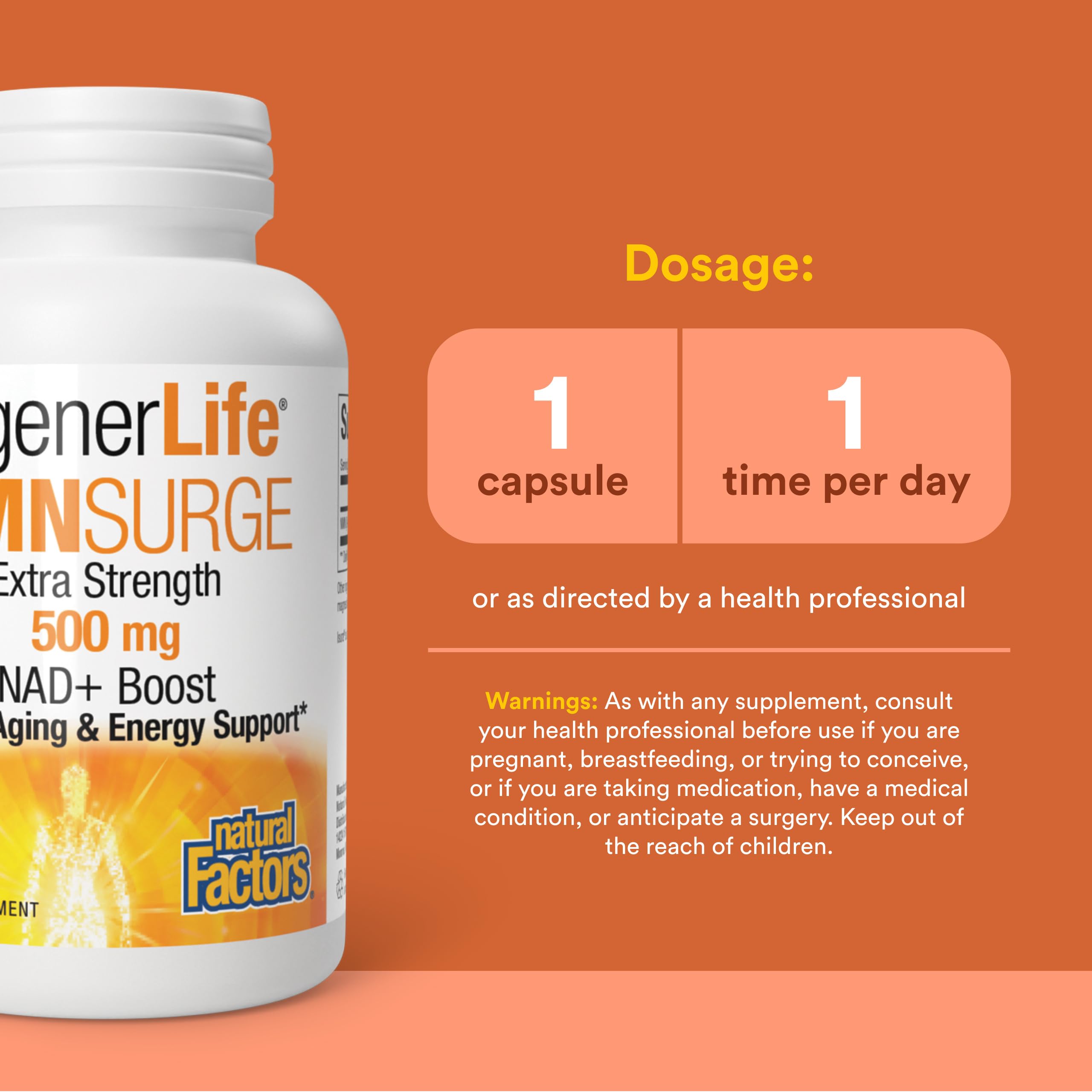 Natural Factors Regenerlife NMN NAD+ Boost label closeup shows active NMN content.