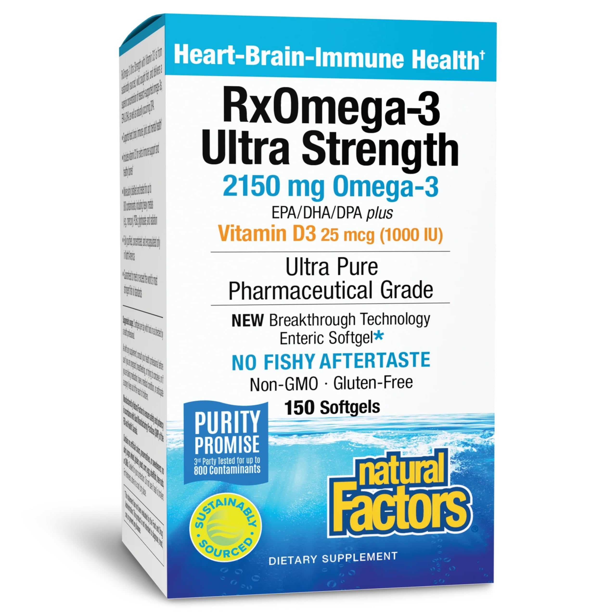 Natural Factors RxOmega-3 Ultra Strength bottle supports daily brain and heart health.