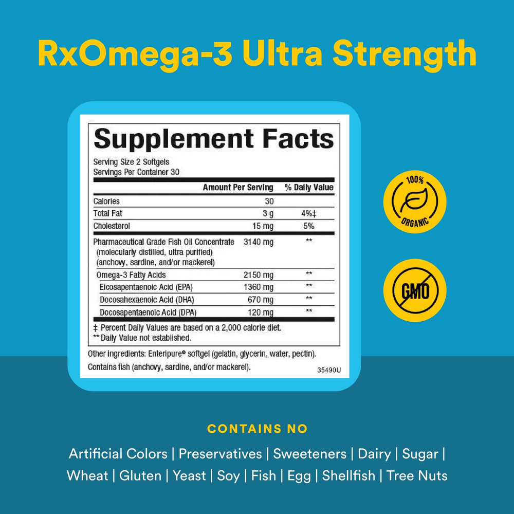 RxOmega-3 Ultra Strength label detail showing EPA and DHA content.