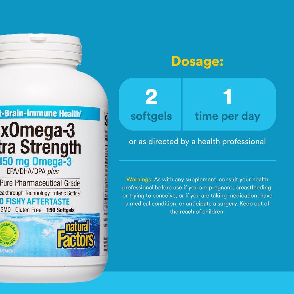 RxOmega-3 Ultra Strength softgels being poured for daily omega-3 intake.