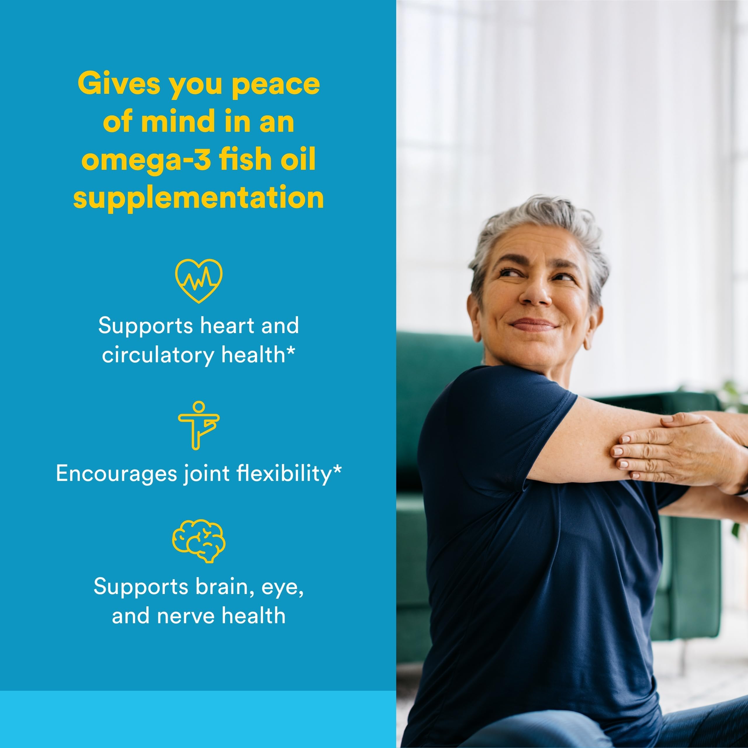 Easy-to-swallow RxOmega-3 Ultra Strength softgel capsule visible in hand.