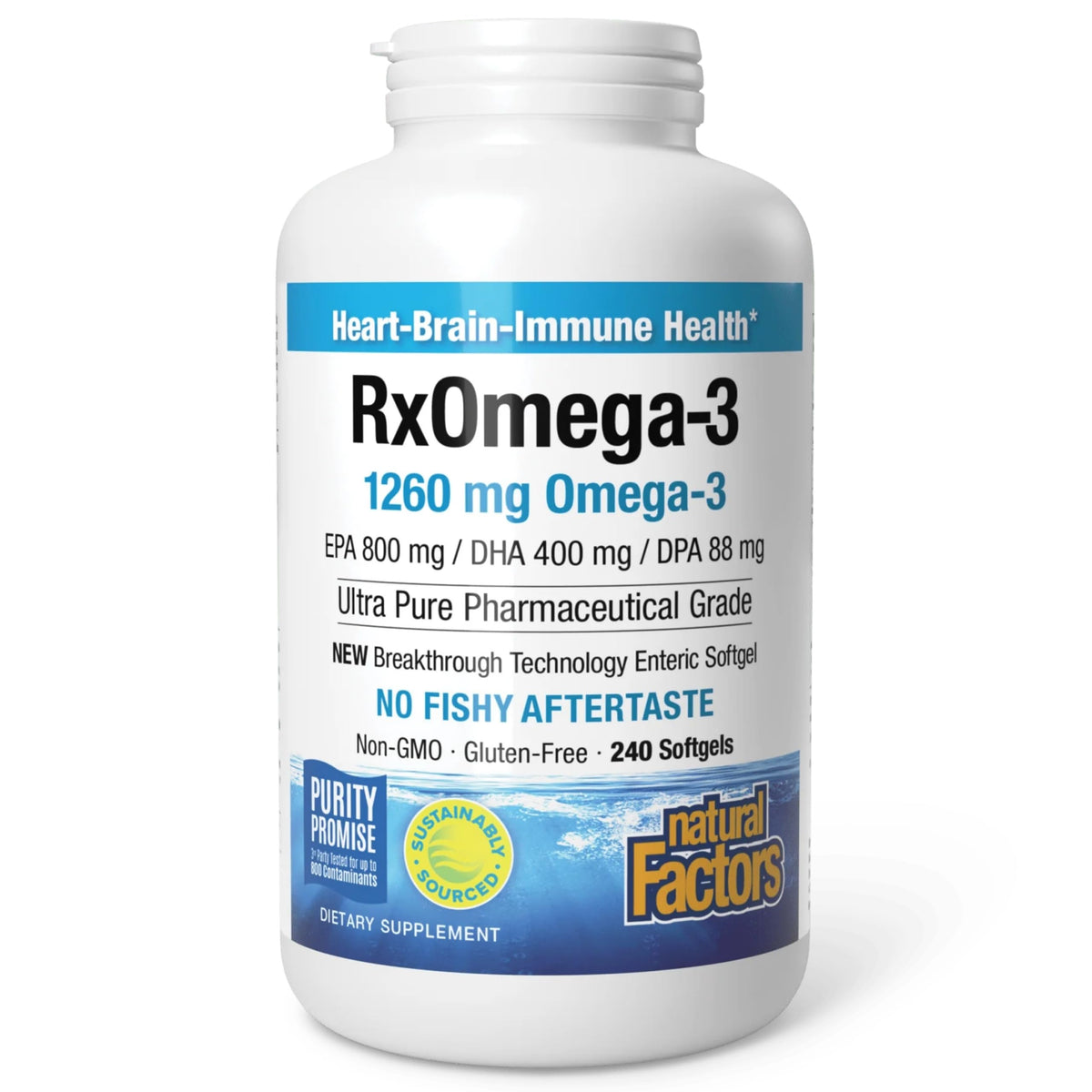 Natural Factors RxOmega-3 bottle front view showing omega-3 packaging for heart health
