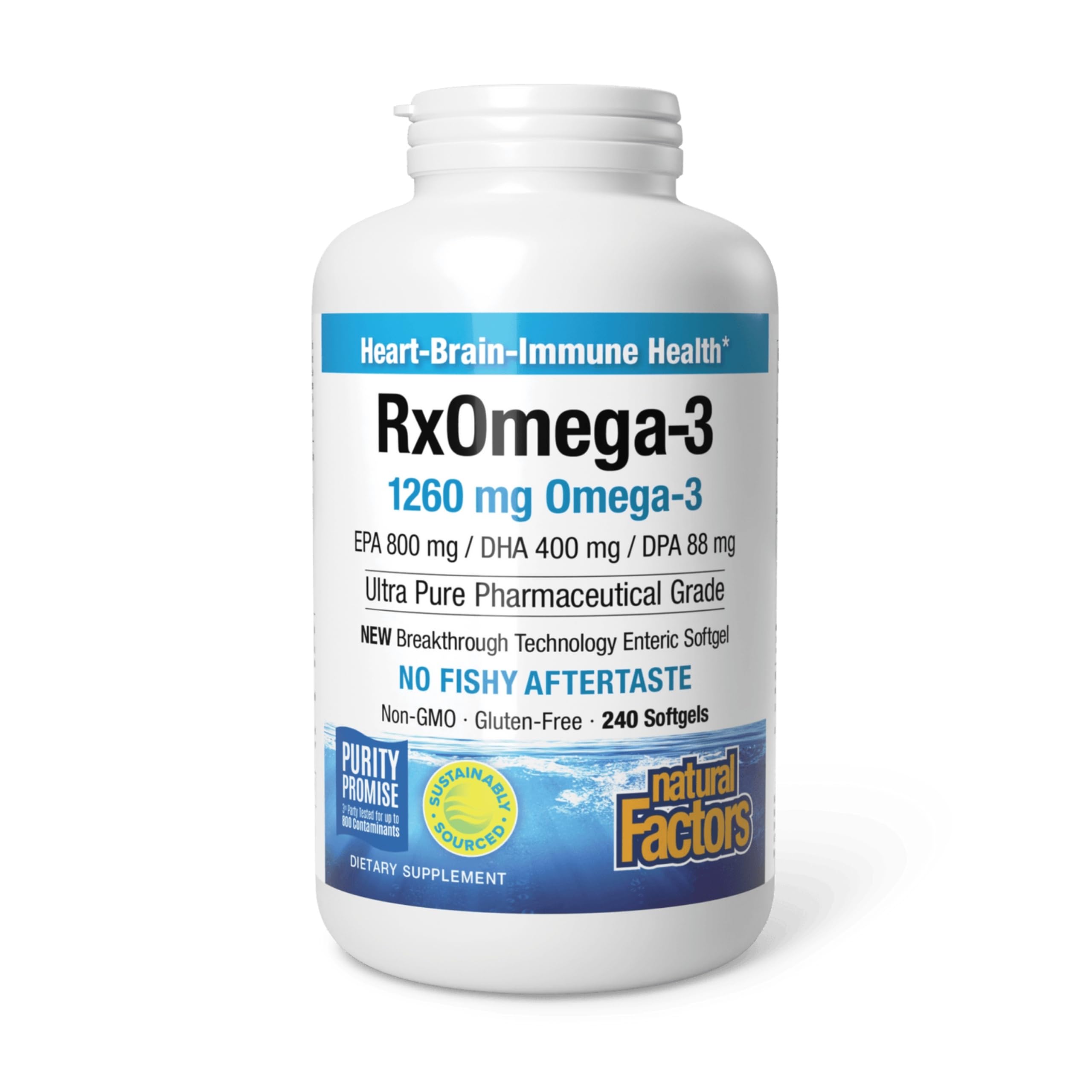 Natural Factors RxOmega-3 bottle shows purity and trust.
