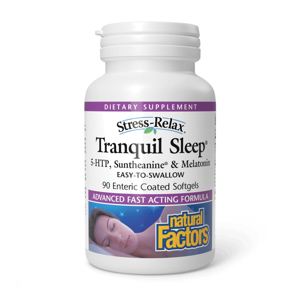 Natural Factors Stress-Relax Tranquil Sleep bottle with pour, easy to use at night.