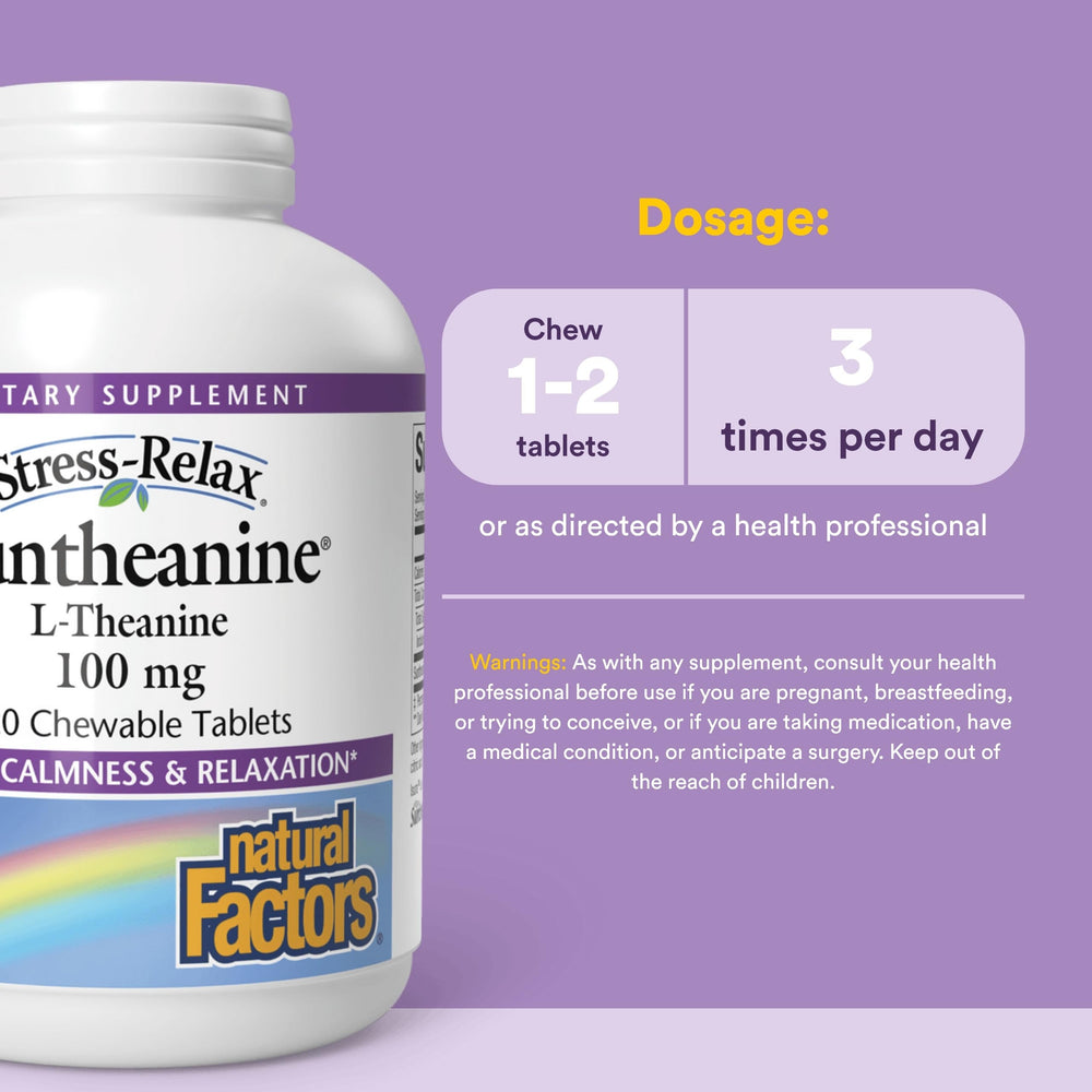 Natural Factors Suntheanine L-Theanine ingredient close-up highlighting calm focus.