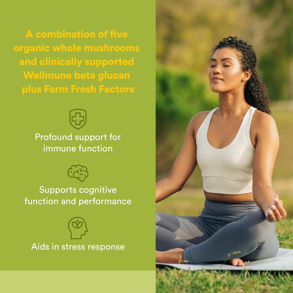 Natural Factors Super Mushroom capsules closeup highlighting plant-based beta glucan benefits