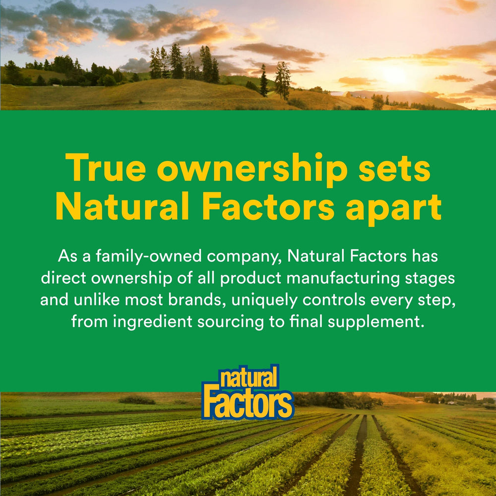 Natural Factors third-party testing certificates signify purity and potency assurances.