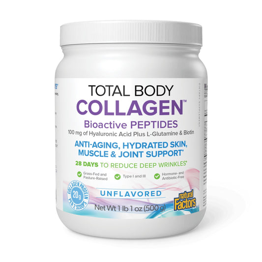 Natural Factors Total Body Collagen bottle label highlights verisol peptides for skin and nails.