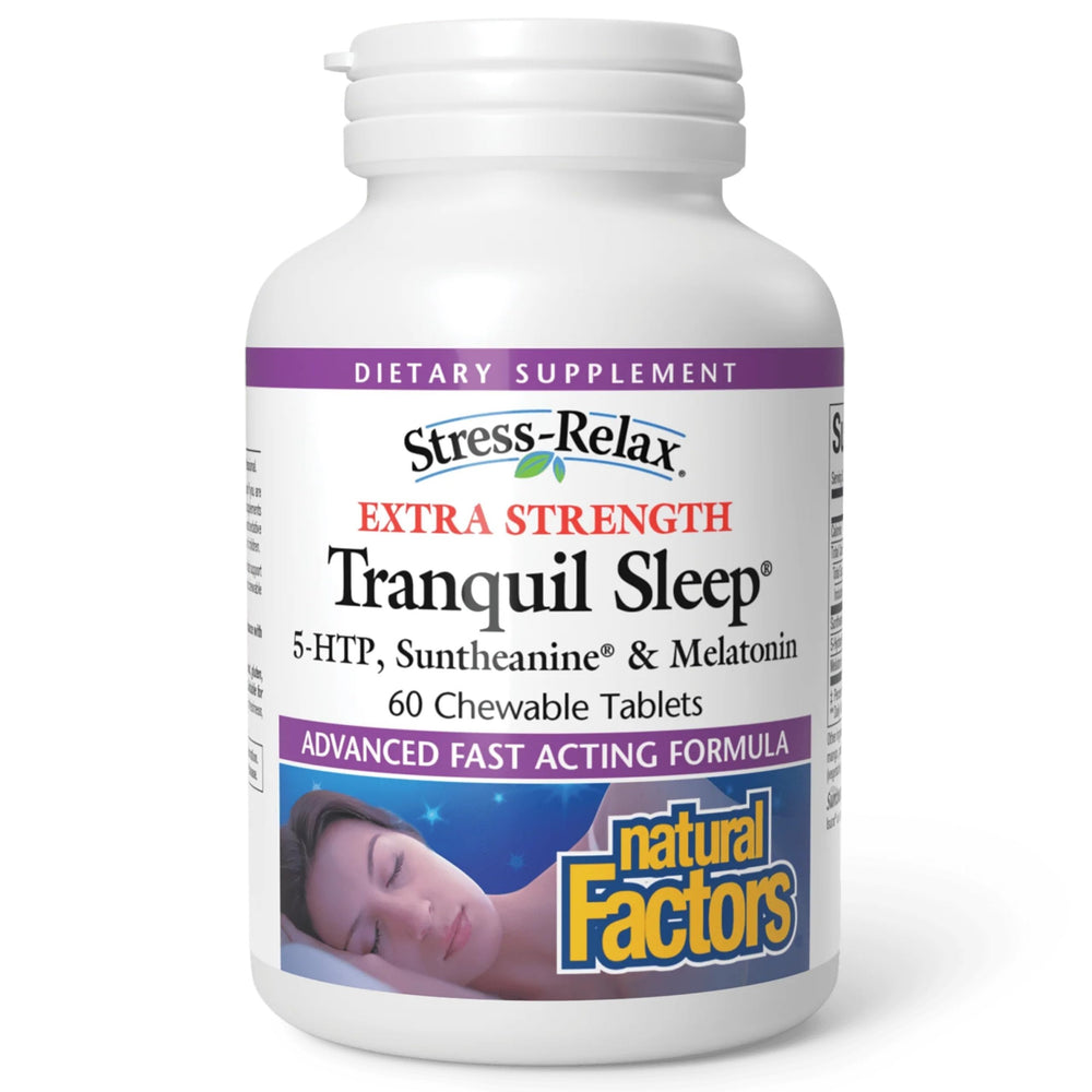 Natural Factors Tranquil Sleep bottle on a nightstand supports calming, uninterrupted rest.
