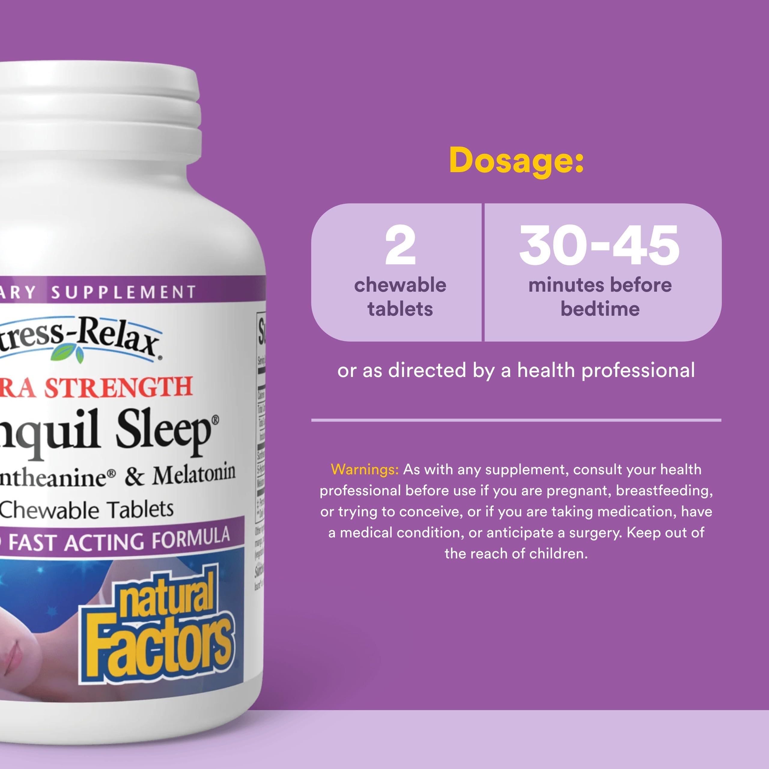 Natural Factors Tranquil Sleep ingredients show melatonin, L-theanine, and 5-HTP for relaxation.