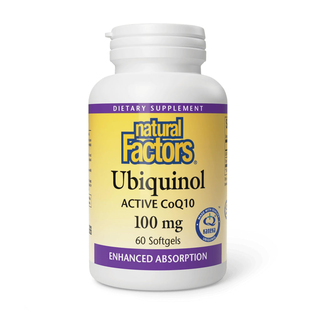 Natural Factors ubiquinol 100mg bottle suggesting energy support potential.