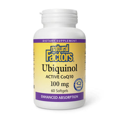 Natural Factors ubiquinol 100mg bottle suggesting energy support potential.