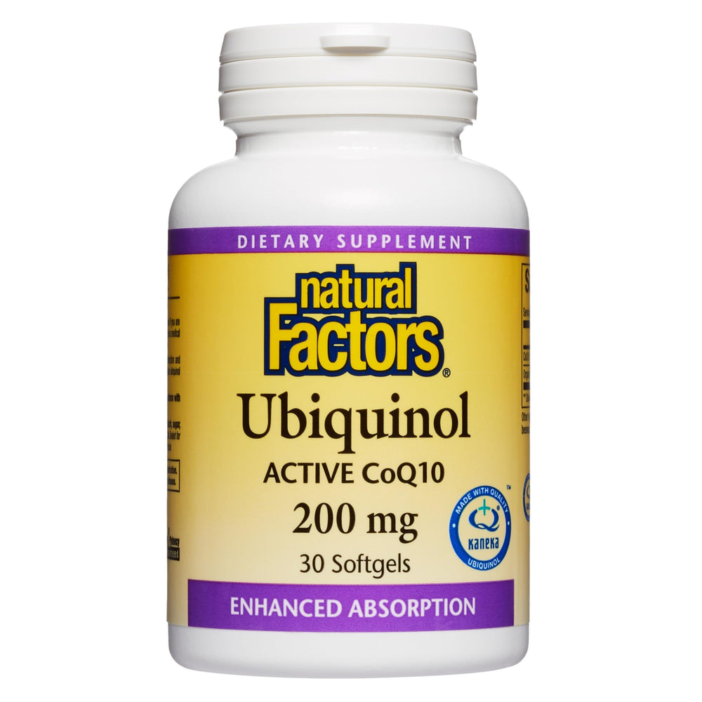 Natural Factors Ubiquinol 200 mg softgels bottle for daily heart and energy support.