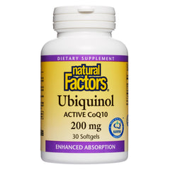 Natural Factors Ubiquinol 200 mg softgels bottle for daily heart and energy support.