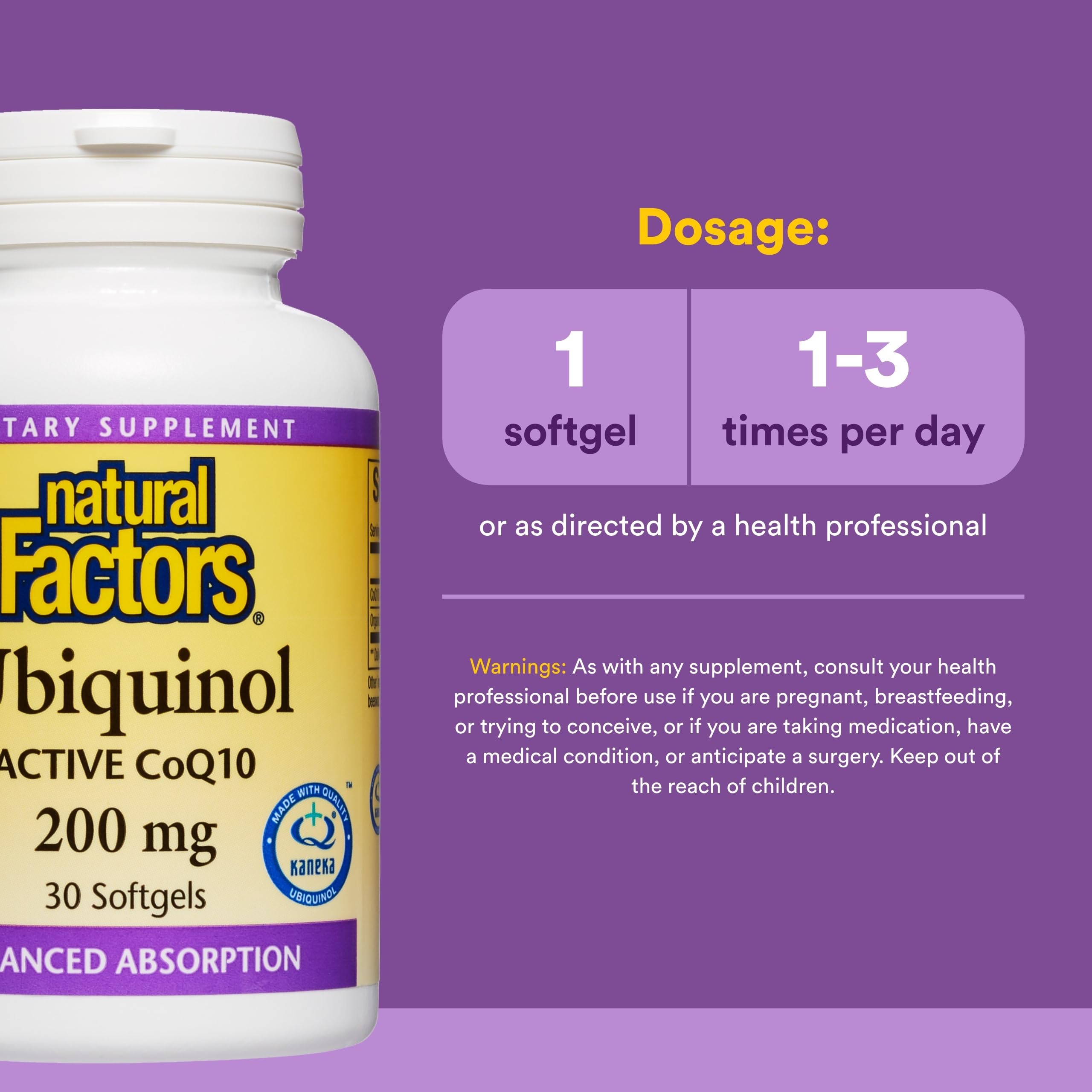 Natural Factors Ubiquinol 200 mg softgels closeup capsules highlighting smooth absorption.