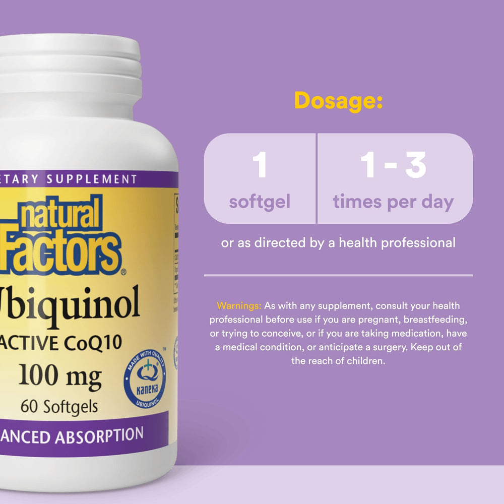 Natural Factors ubiquinol bottle with label emphasizing premium USA-made quality.