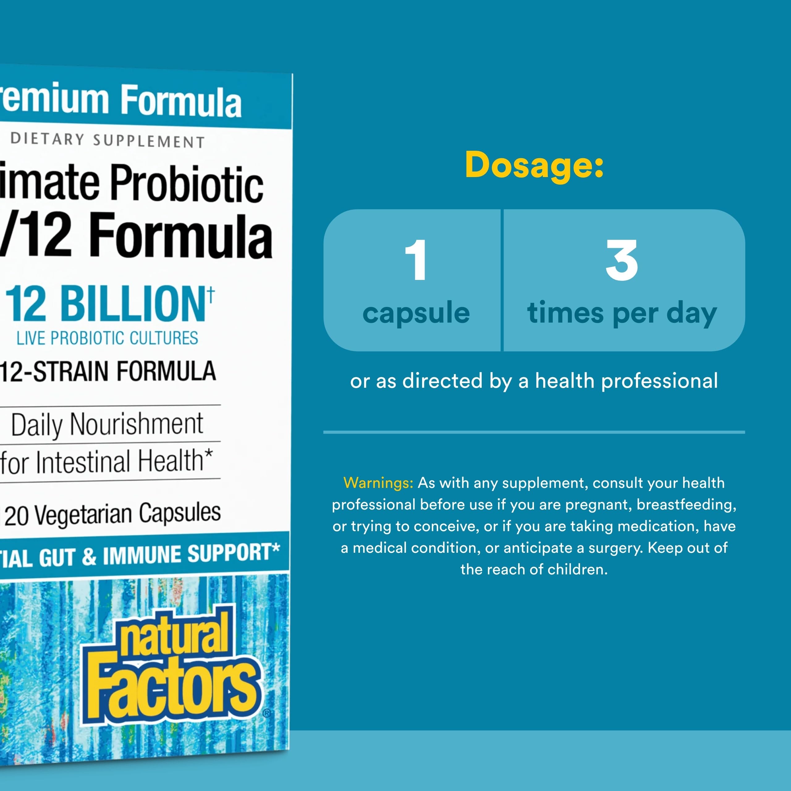Close-up of Natural Factors Ultimate Probiotic 12/12 label showing product details.