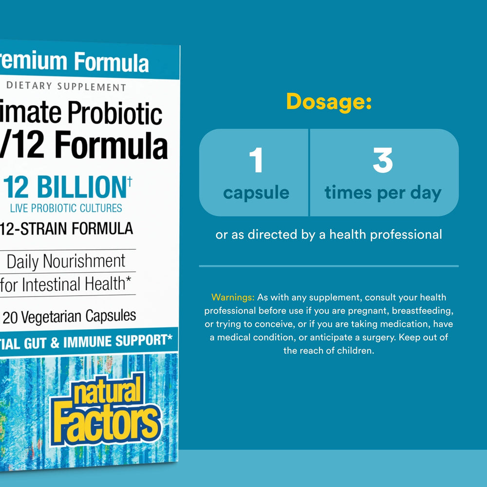 Close-up of Natural Factors Ultimate Probiotic 12/12 label showing product details.