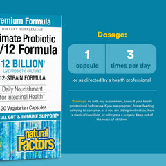 Close-up of Natural Factors Ultimate Probiotic 12/12 label showing product details.