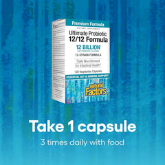 Natural Factors Ultimate Probiotic 12/12 vegetarian capsules prepared for daily routines.
