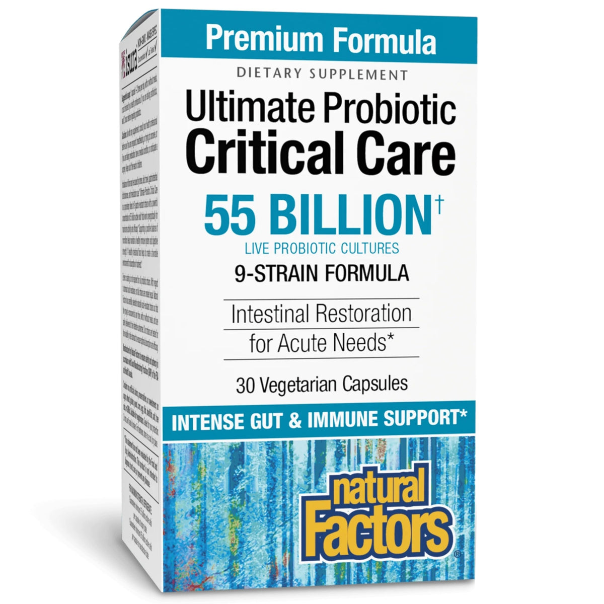 Natural Factors Ultimate Probiotic Critical Care bottle front highlighting 55B CFU for digestive support