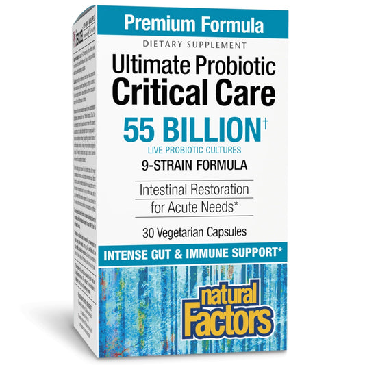 Natural Factors Ultimate Probiotic Critical Care bottle front highlighting 55B CFU for digestive support