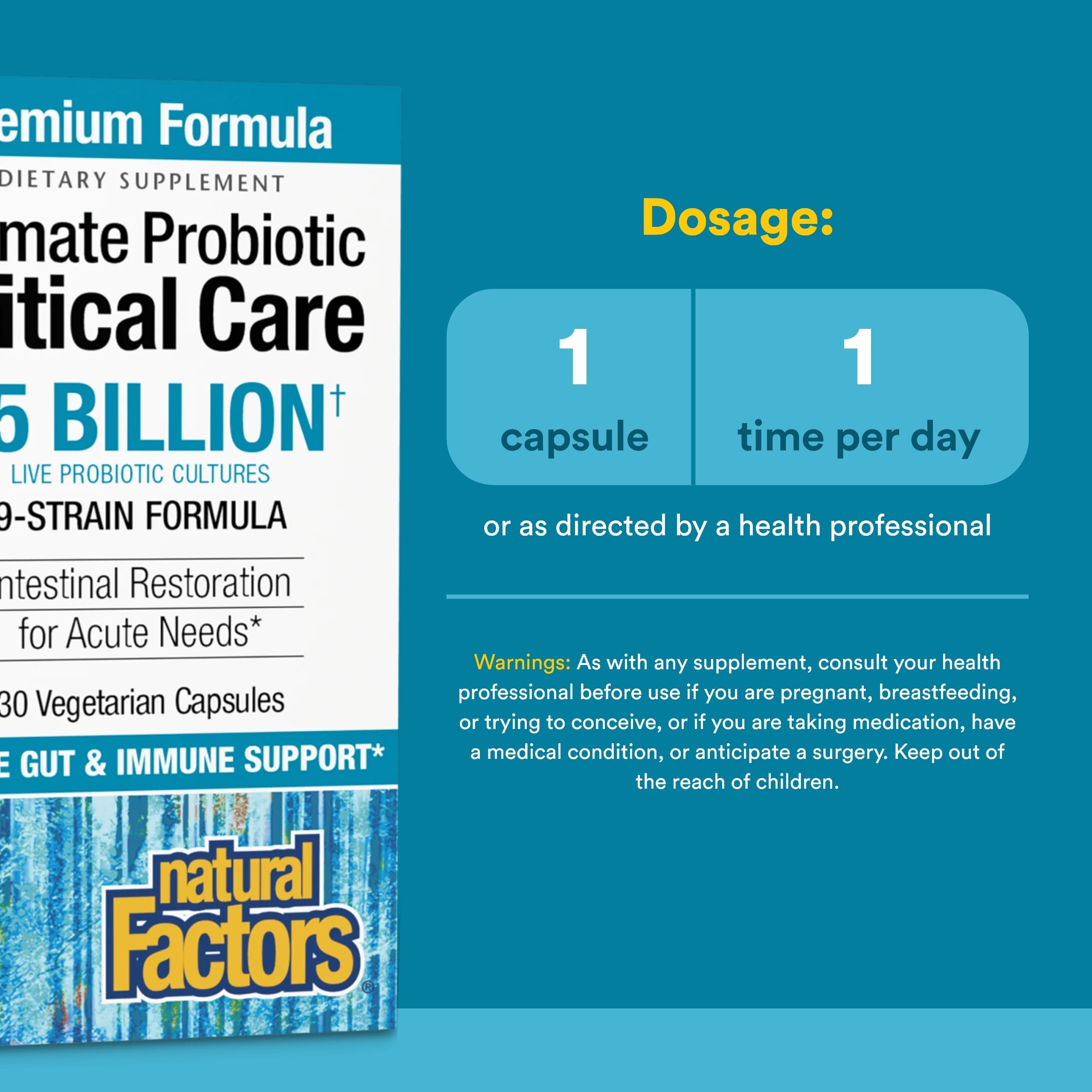 Natural Factors Ultimate Probiotic Critical Care capsules closeup showing gastro-resistant coating for targeted delivery