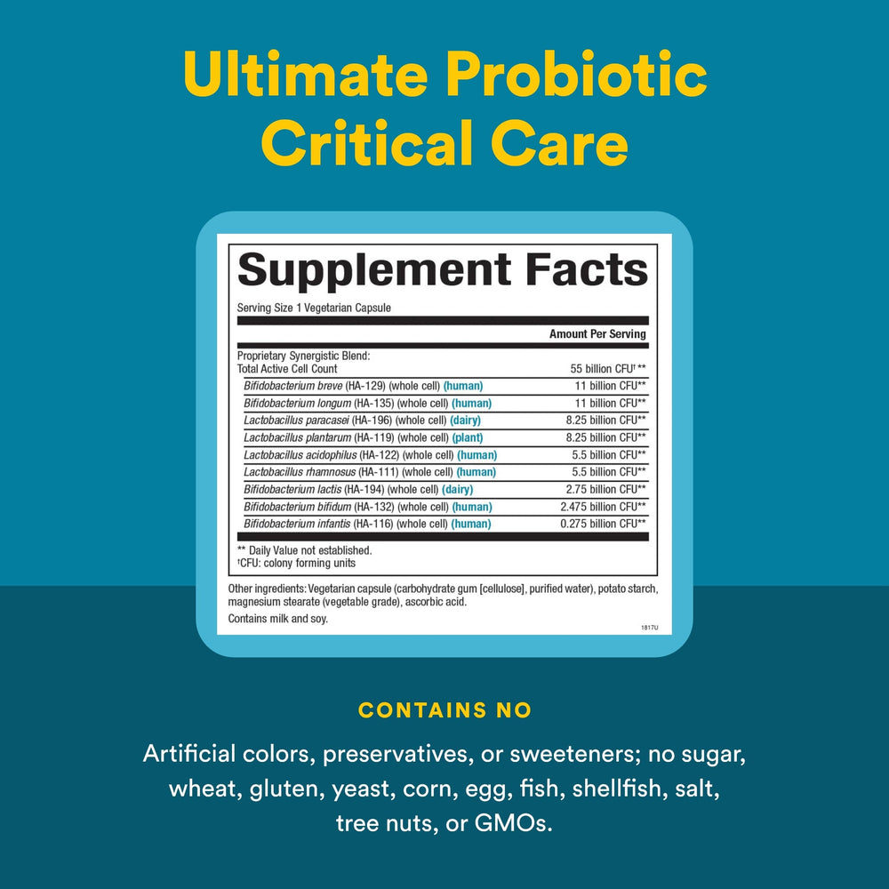 Natural Factors Ultimate Probiotic Critical Care label detail highlighting balanced microflora support