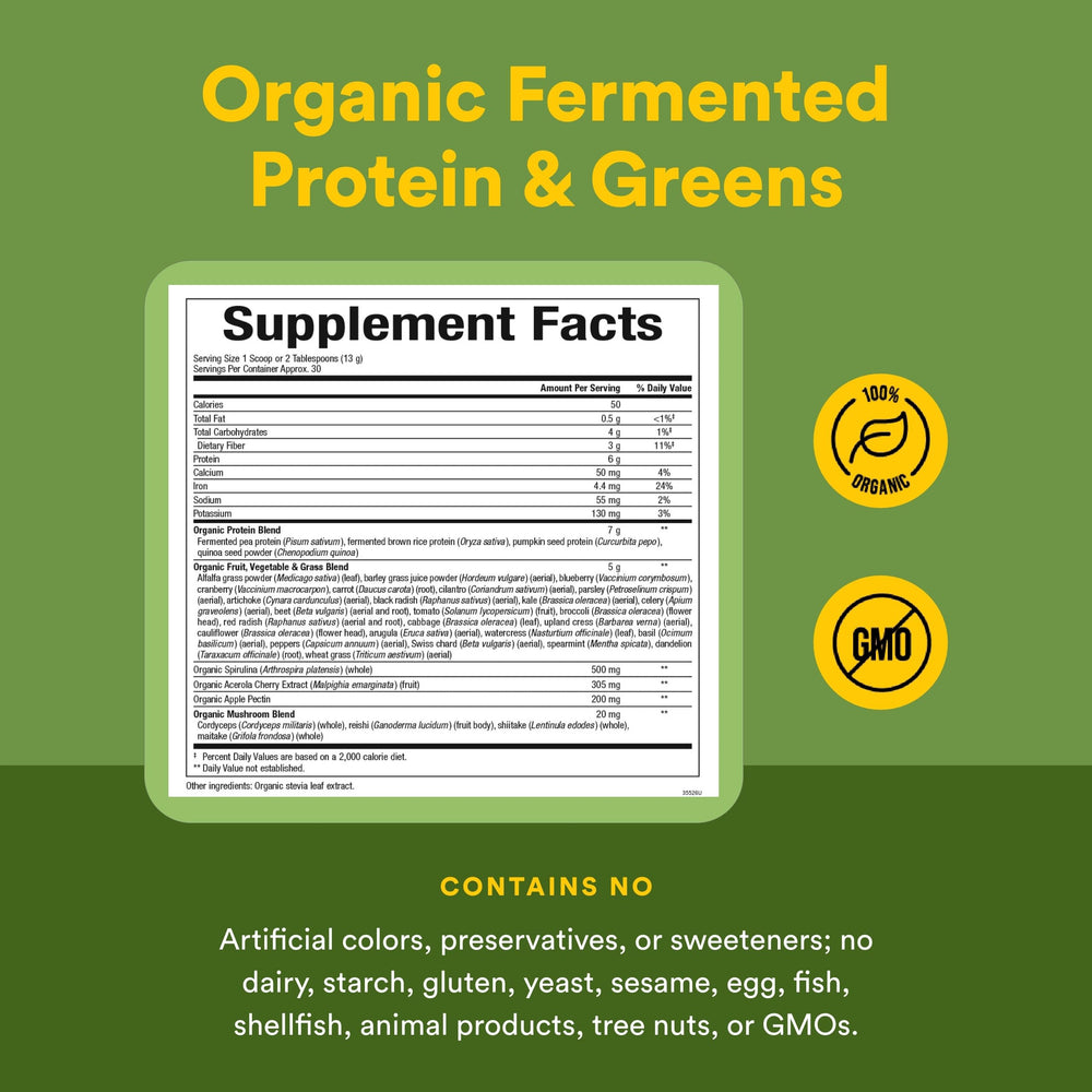 Unflavored greens powder scoop showing mix versatility with Natural Factors